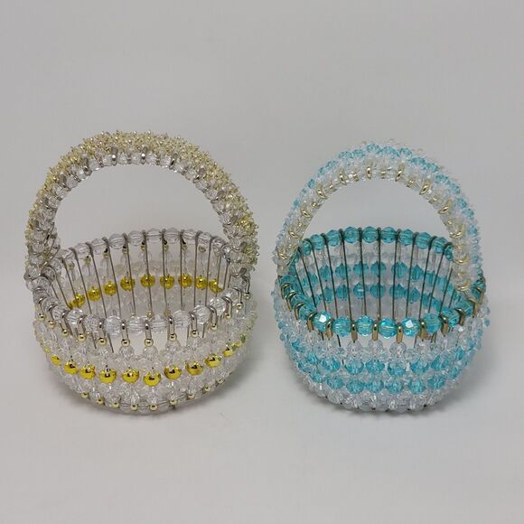 Safety Pins Beaded Handmade Wire Beads Ruffled Small Basket With Handles 2 Pcs - Picture 1 of 11